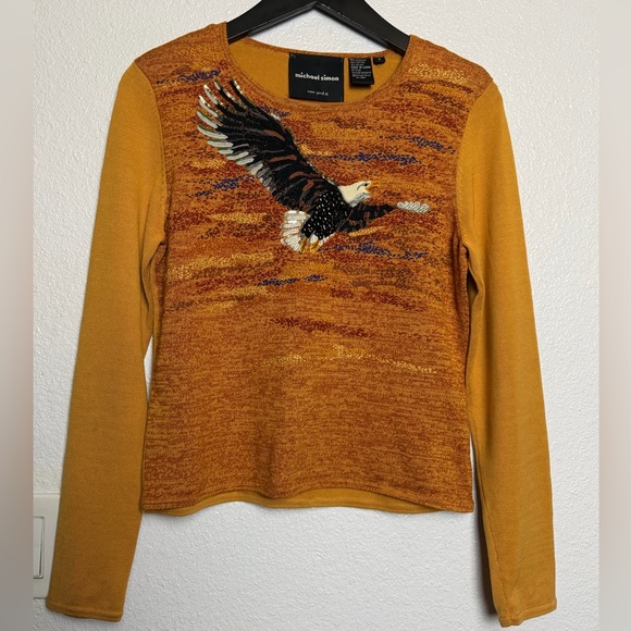 Vintage Michael Simon Golden Long Sleeve Top Eagle Design Silk Cotton Small - Picture 2 of 9